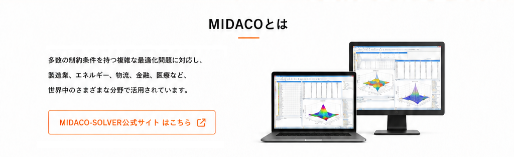 MIDACOとは、多数の制約条件を持つ複雑な最適化問題に対応し、製造業、エネルギー、物流、金融、医療など、世界中のさまざまな分野で活用されています。